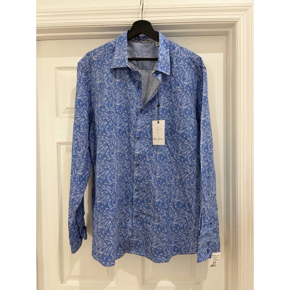 NWT Robert Graham Men 2XL Blue Paisley Swirl Button Front Shirt Luxury Designer
